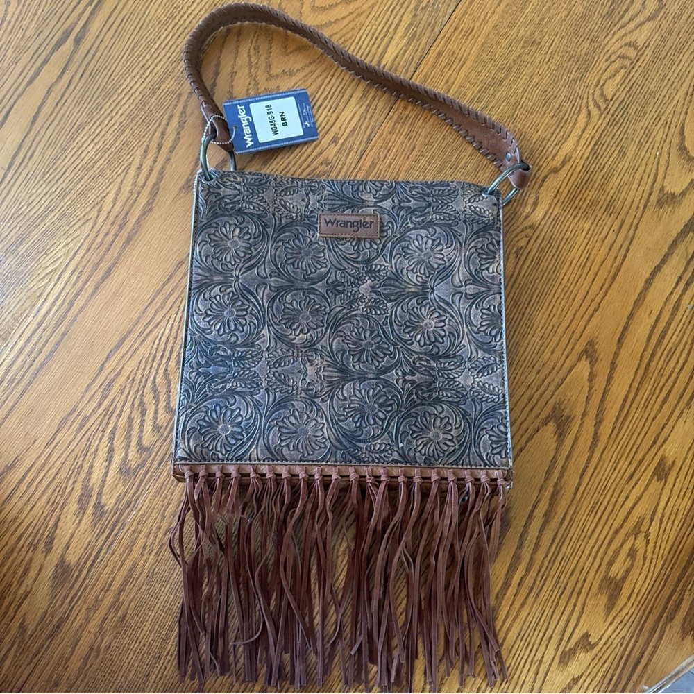 Wrangler Floral Tooled Brown Fringe Shoulder Bag